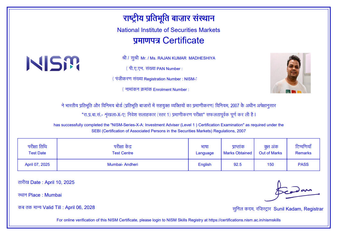 Rajan Kumar Madheshiya NISM Exams Testimonial